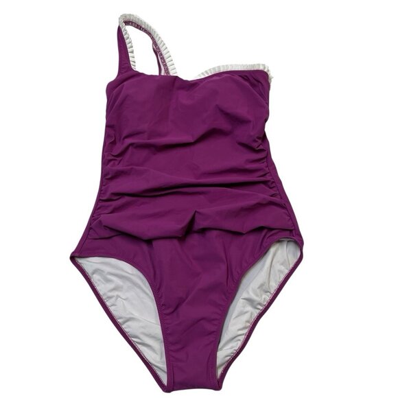 Profile By Gottex Swimsuit Womens 10 Purple Kundala Shoulder Ruffle One Piece - Picture 1 of 8